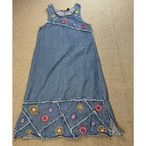 Vintage Asazy Denim Jumper Dress Embroidered Floral Midi Size Medium Petite